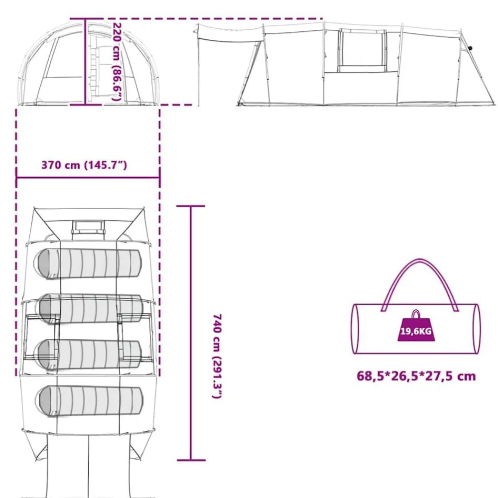 vidaXL Tienda túnel para 4 personas y gris 740 x 370 x 220 cm Azul