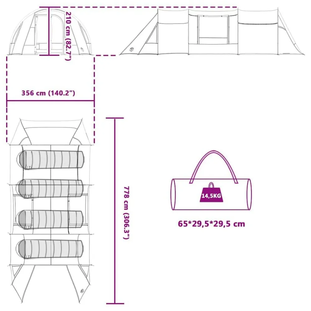 vidaXL Actividades Al Aire Libre-Tienda túnel para 4 personas y gris 778 x 356 x 210 cm