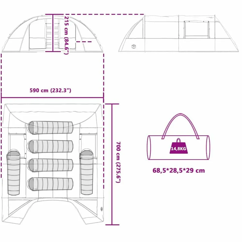vidaXL Actividades Al Aire Libre-Tienda túnel para 6 personas y gris 700 x 590 x 215 cm