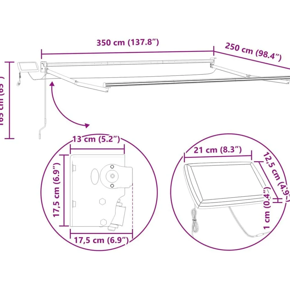 vidaXL Jardín-Toldo manual retráctil con LEDs Beige 3,5 x 2,5 m
