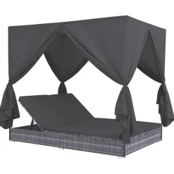 vidaXL Muebles De Jardín-Tumbona cama con cortinas de ratán sintético gris