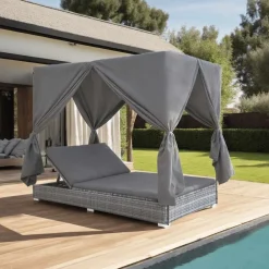 vidaXL Muebles De Jardín-Tumbona cama con cortinas de ratán sintético gris