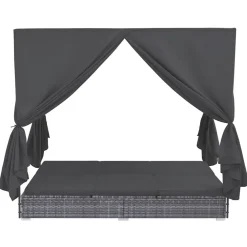 vidaXL Muebles De Jardín-Tumbona cama con cortinas de ratán sintético gris