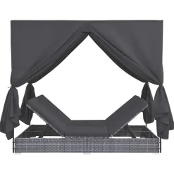 vidaXL Muebles De Jardín-Tumbona cama con cortinas de ratán sintético gris