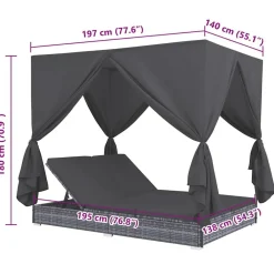 vidaXL Muebles De Jardín-Tumbona cama con cortinas de ratán sintético gris