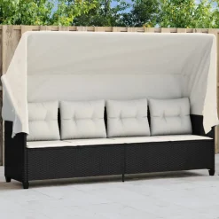 vidaXL Muebles De Jardín-Tumbona con capota y cojines ratán sintético negro