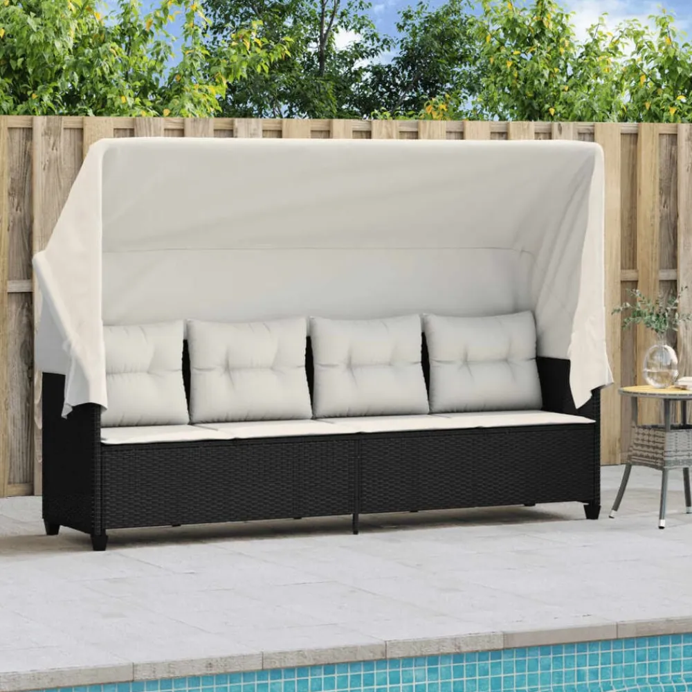 vidaXL Muebles De Jardín-Tumbona con capota y cojines ratán sintético negro