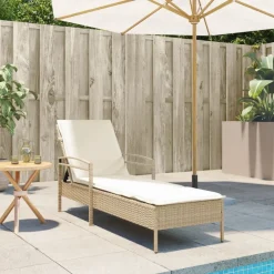 vidaXL Tumbona con cojín ratán sintético beige 63x200x81 cm beige y blanco crema Outlet