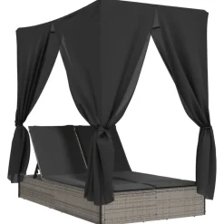 vidaXL Muebles De Jardín-Tumbona doble con techo y cortinas ratán sintético