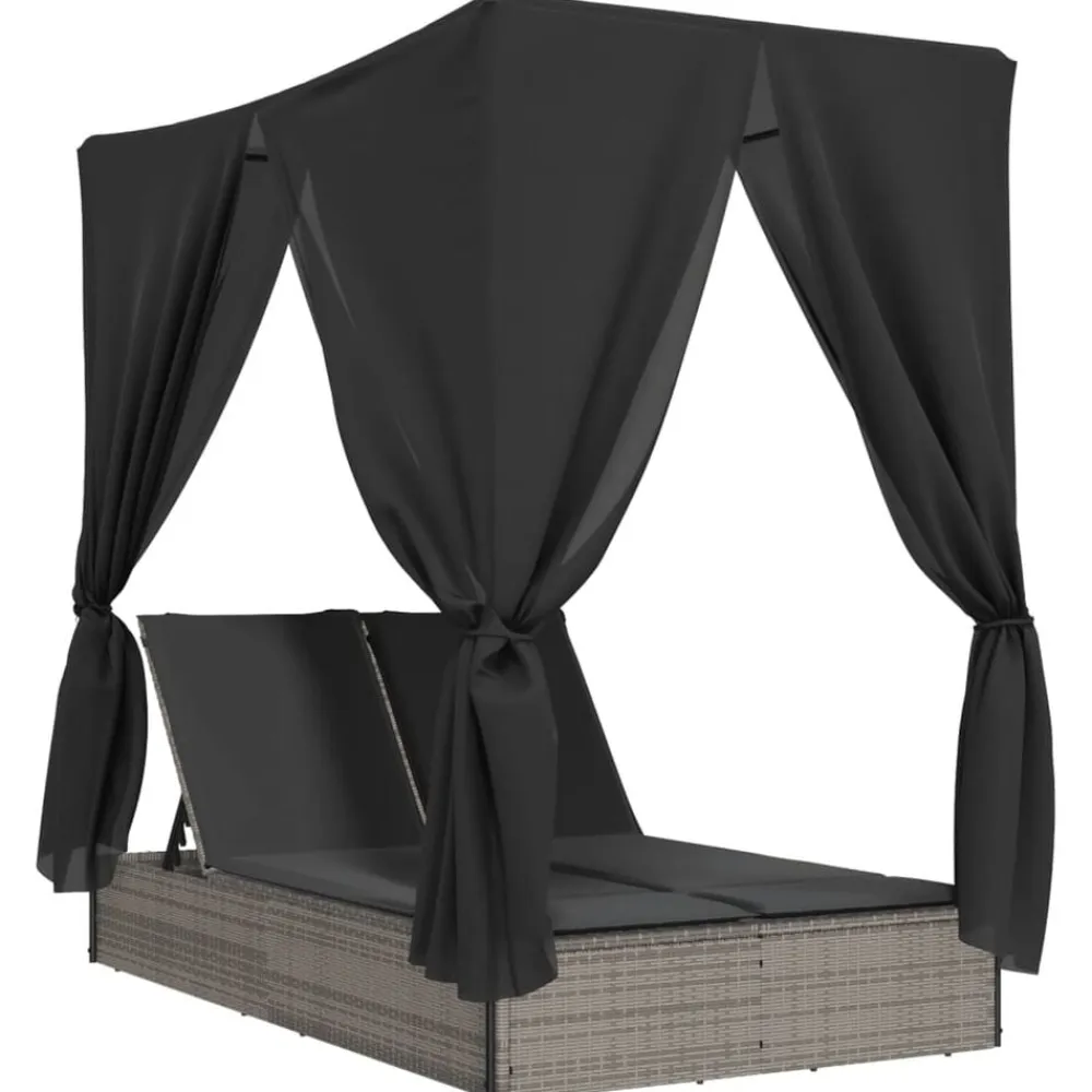 vidaXL Muebles De Jardín-Tumbona doble con techo y cortinas ratán sintético