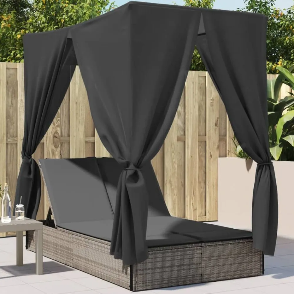 vidaXL Muebles De Jardín-Tumbona doble con techo y cortinas ratán sintético