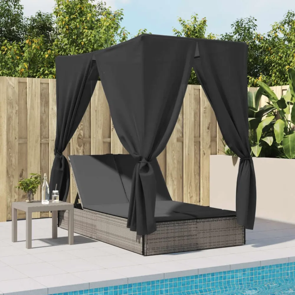 vidaXL Muebles De Jardín-Tumbona doble con techo y cortinas ratán sintético