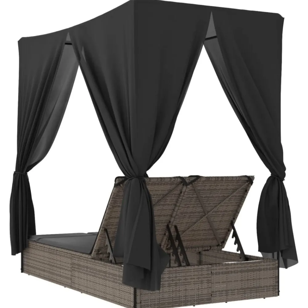 vidaXL Muebles De Jardín-Tumbona doble con techo y cortinas ratán sintético