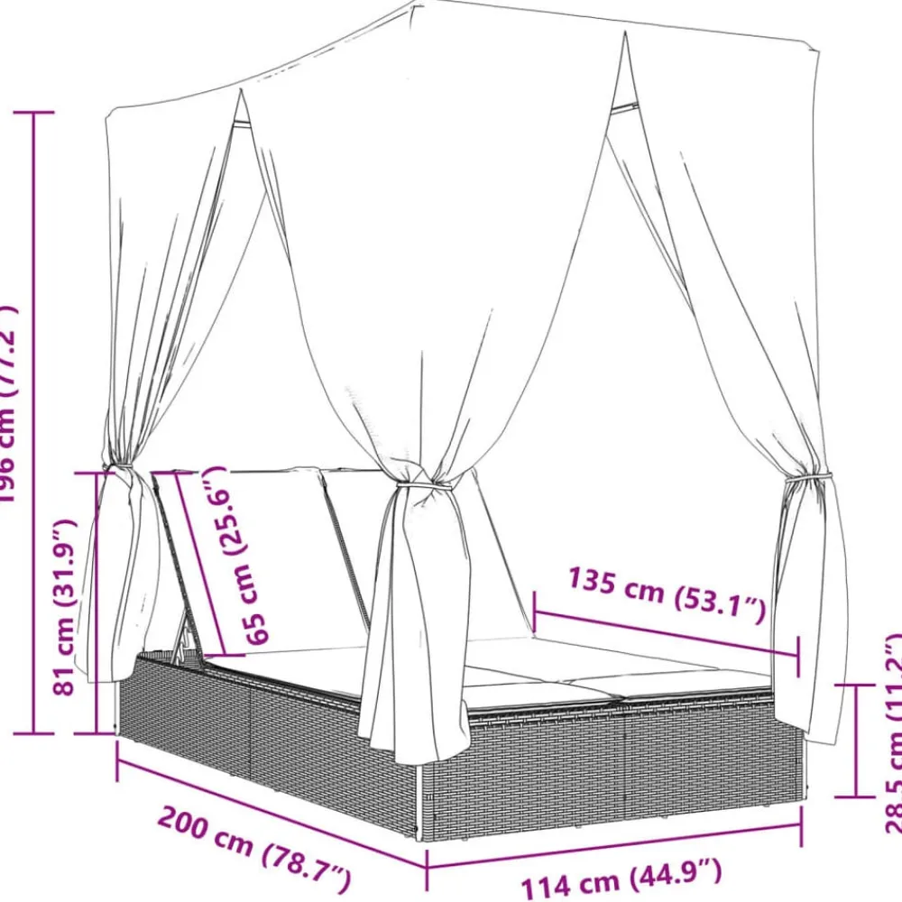 vidaXL Muebles De Jardín-Tumbona doble con techo y cortinas ratán sintético