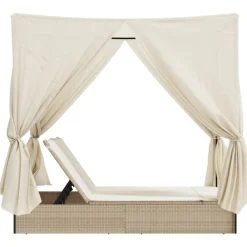 vidaXL Muebles De Jardín-Tumbona doble con techo y cortinas ratán sintético beige