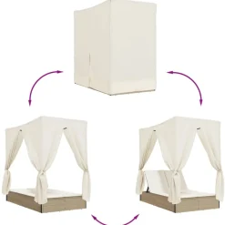 vidaXL Muebles De Jardín-Tumbona doble con techo y cortinas ratán sintético beige