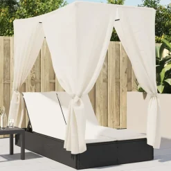 vidaXL Muebles De Jardín-Tumbona doble con techo y cortinas ratán sintético