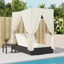 vidaXL Muebles De Jardín-Tumbona doble con techo y cortinas ratán sintético
