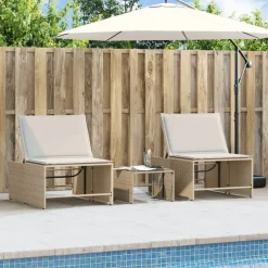 vidaXL Muebles De Jardín-Tumbonas 2 piezas con mesa ratán sintético beige