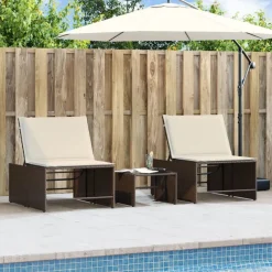 vidaXL Muebles De Jardín-Tumbonas 2 unidades con mesa de ratán sintético marrón