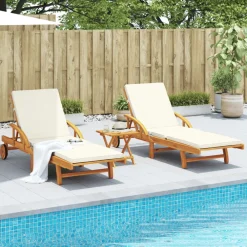 vidaXL Tumbonas con mesa 2 unidades madera maciza de acacia Crema Discount