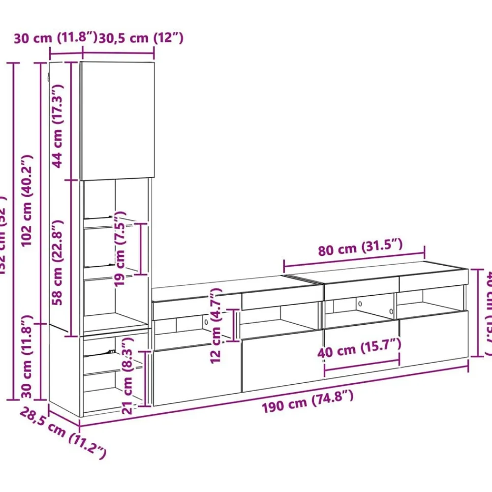 vidaXL Unidad de Pared para TV 4 pcs Madera de ingeniería Roble negro Clearance