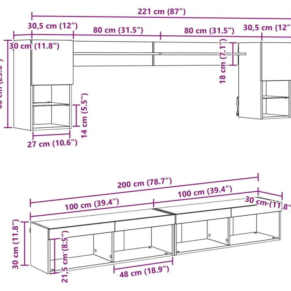 vidaXL Unidades de TV de Pared con LED con LED 6 pcs Roble negro Discount