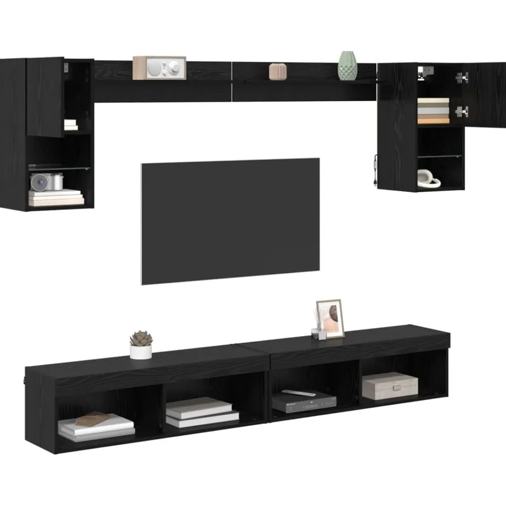 vidaXL Unidades de TV de Pared con LED con LED 6 pcs Roble negro Discount