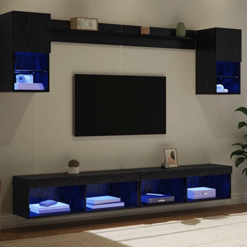vidaXL Unidades de TV de Pared con LED con LED 6 pcs Roble negro Discount