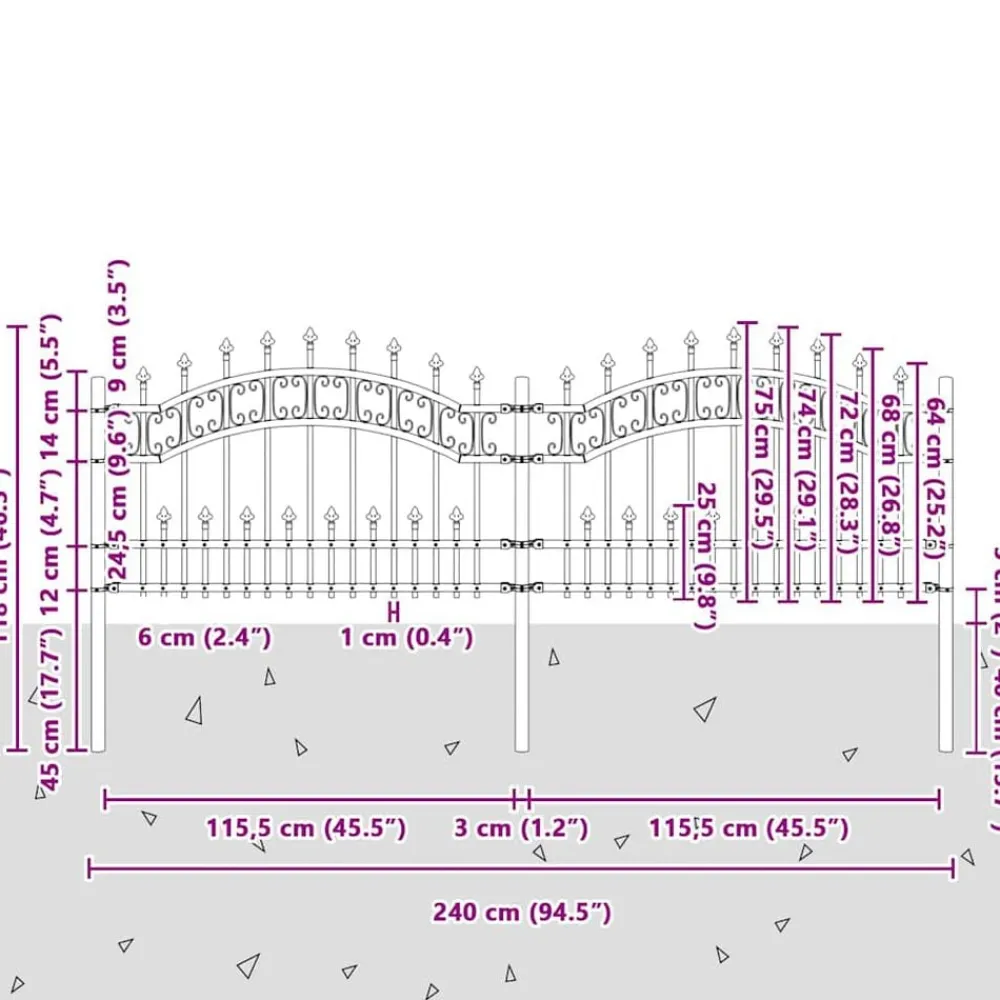 vidaXL Vallas De Jardín-Valla de jardín Kampen con punta de lanza negra, 240x75 cm, acero