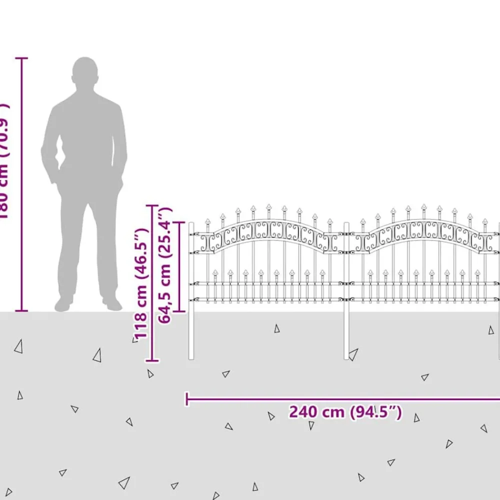 vidaXL Vallas De Jardín-Valla de jardín Kampen con punta de lanza negra, 240x75 cm, acero