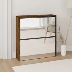 vidaXL Zapatero con espejo 2 niveles 63x17x67 cm Roble ahumado New