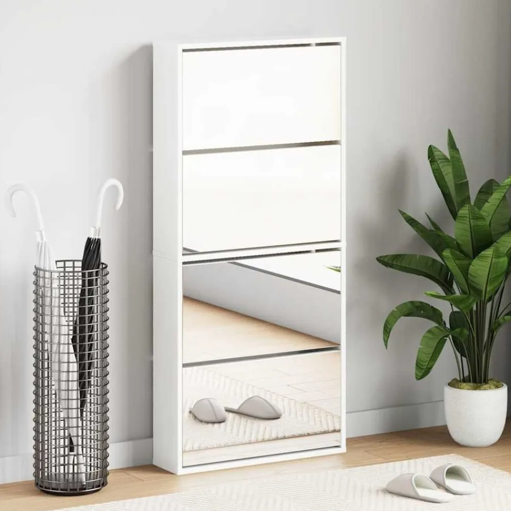 vidaXL Productos Del Hogar-Zapatero con espejo 4 niveles blanco brillo 63x17x134 cm