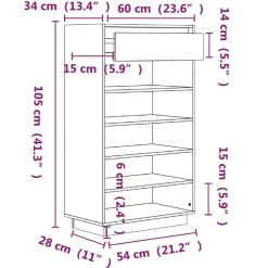 vidaXL Productos Del Hogar-Zapatero de madera maciza de pino 60x34x105 cm