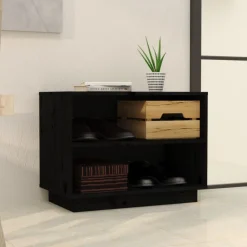 vidaXL Zapatero de madera maciza de pino 60x34x45 cm Negro New