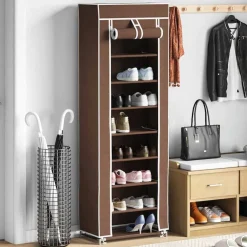 vidaXL Zapatero de tela con cubierta marrón 57x29x162 cm Marr&oacute;n Discount