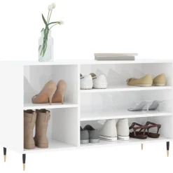 vidaXL Zapatero madera contrachapada blanco brillo 102x36x60 cm Blanco brillante