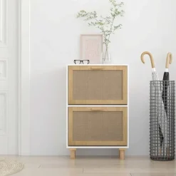 vidaXL Zapatero madera contrachapada ratán natural 52x25x80 cm Blanco New